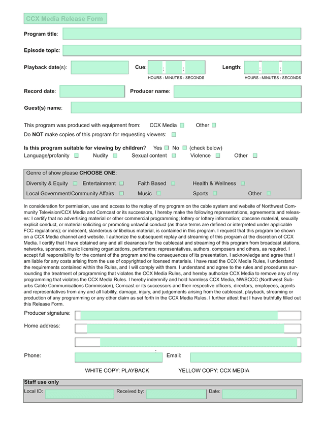 CCX Media Release Form screenshot