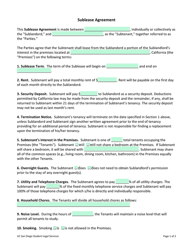 Sublease Agreement screenshot