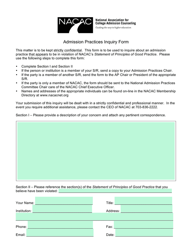 Admission Practices Inquiry Form screenshot