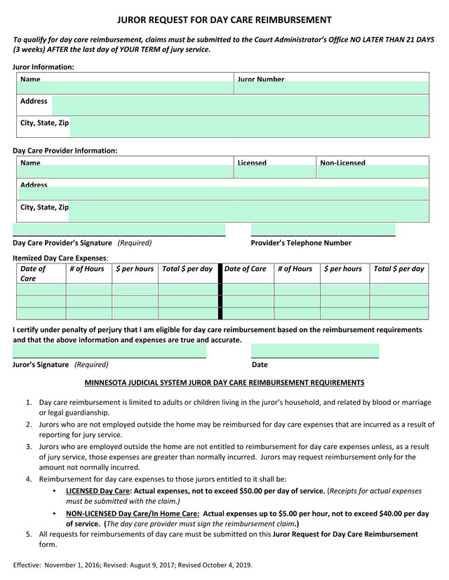 Juror Request For Day Care Reimbursement screenshot