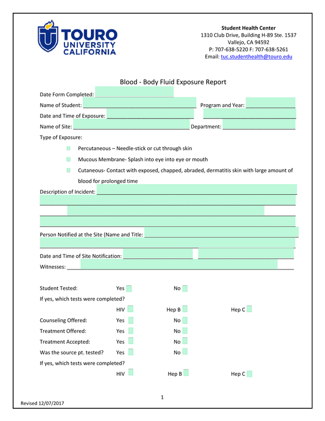 Blood   Body Fluid Exposure Report screenshot