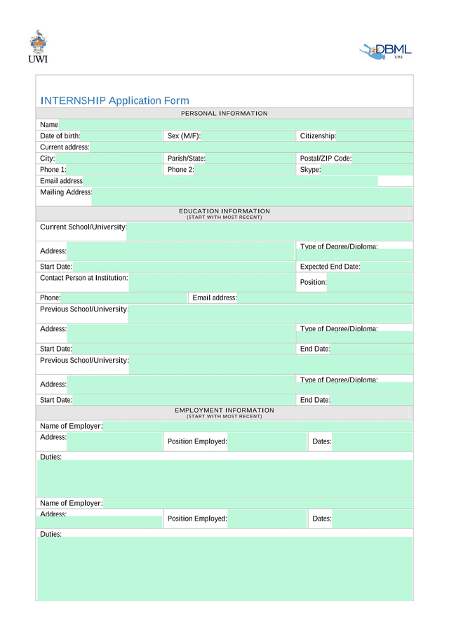 INTERNSHIP Application Form screenshot