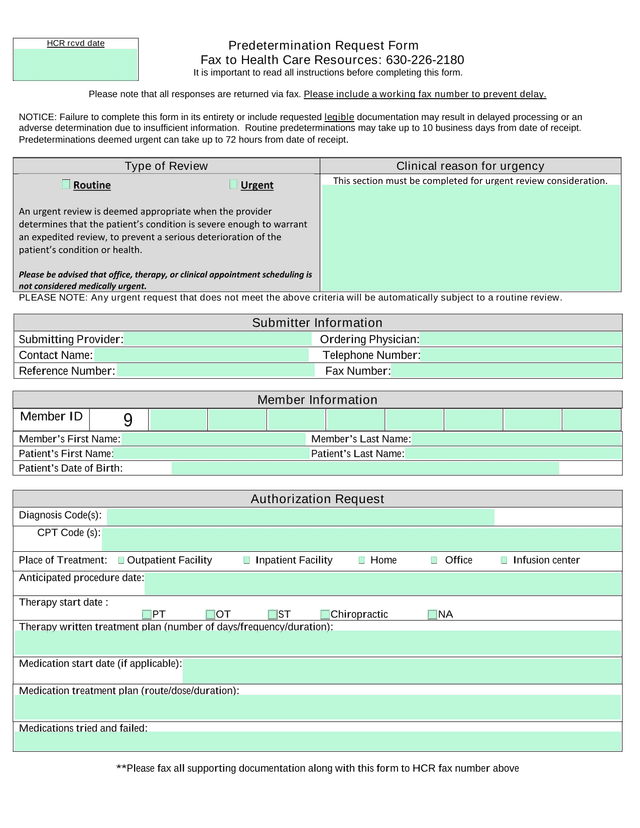 Predetermination Request Form screenshot
