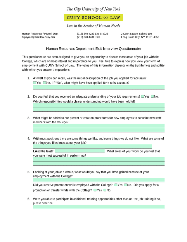 Human Resources Department Exit Interview Questionnaire screenshot