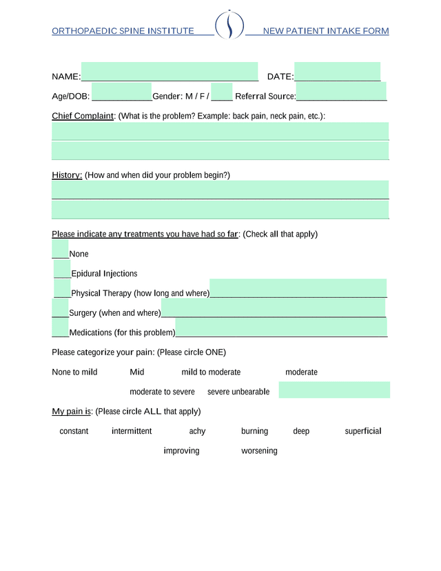 ORTHOPAEDIC SPINE INSTITUTE NEW PATIENT INTAKE FORM screenshot