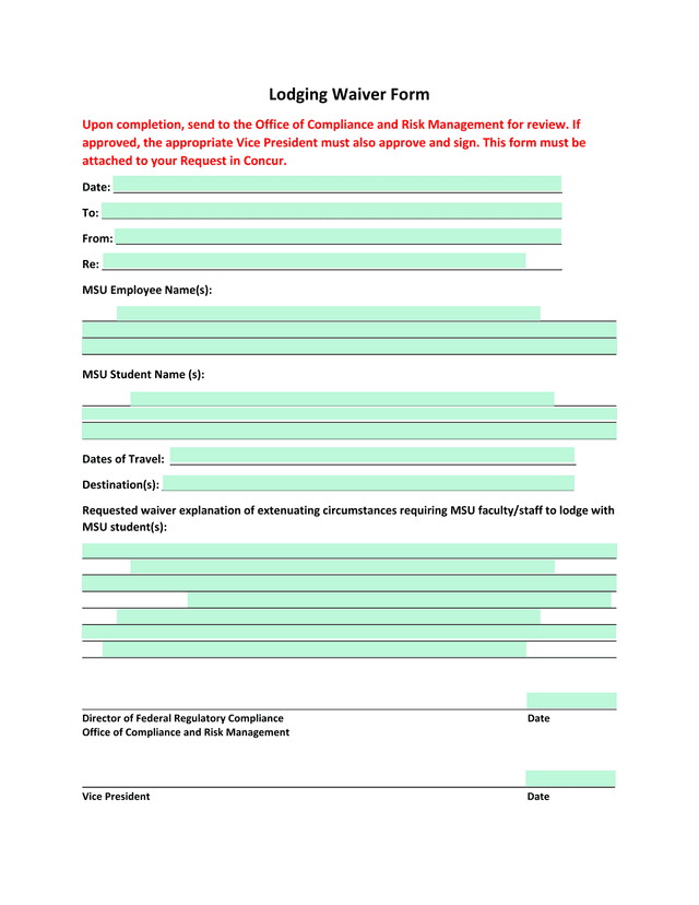 Lodging Waiver Form screenshot