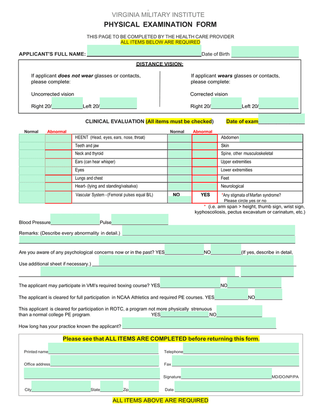 Physical Examination Form screenshot