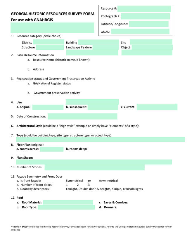 Georgia Historic Resources Survey Form screenshot