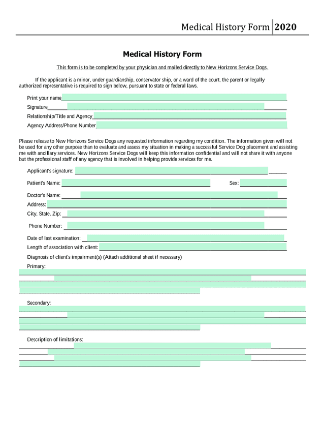 Medical History Form screenshot