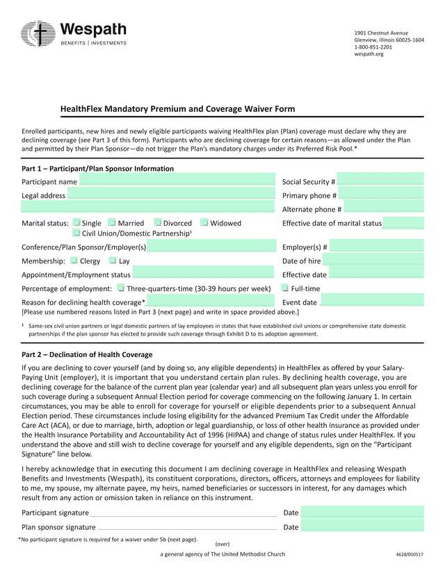 HealthFlex Mandatory Premium And Coverage Waiver Form screenshot