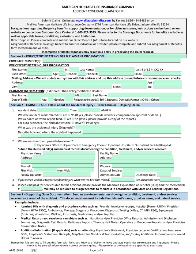 Accident Coverage Claim Form screenshot