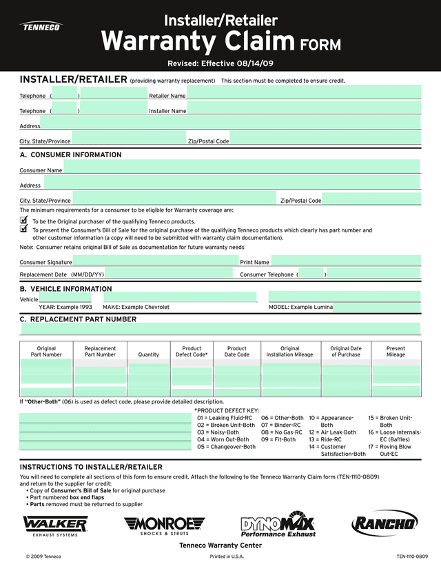 InstallerRetailer Warranty Claim FORM screenshot