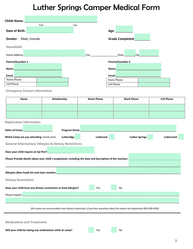 Luther Springs Camper Medical Form screenshot