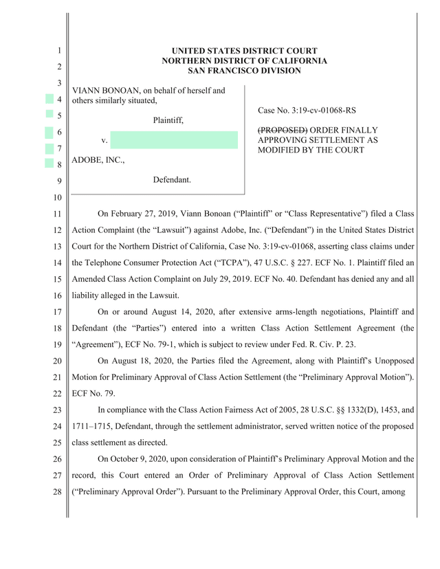 Order Finally Approving Settlement As Modified By The Court screenshot