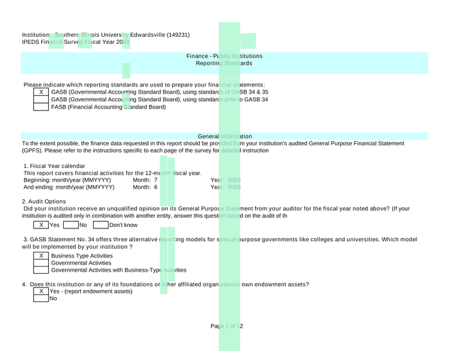 IPEDS Finance Survey Fiscal Year 2003 screenshot