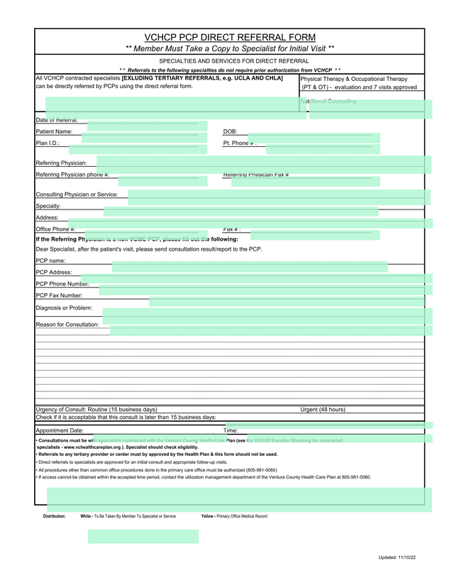 VCHCP PCP DIRECT REFERRAL FORM screenshot