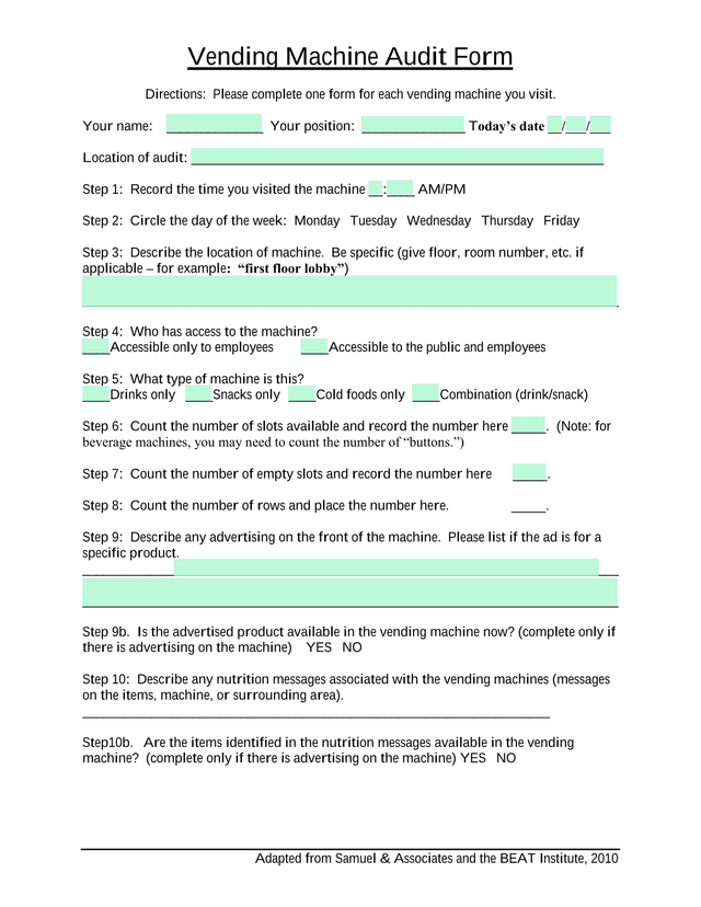 Vending Machine Audit Form screenshot