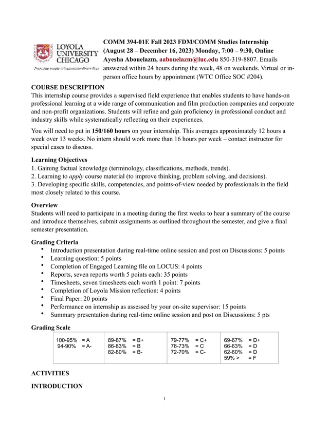 COMM 394 01E Fall 2023 FDMCOMM Studies Internship screenshot