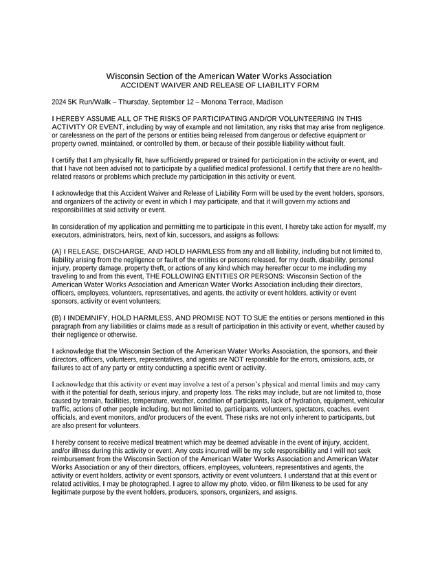 Accident Waiver And Release Of Liability Form screenshot