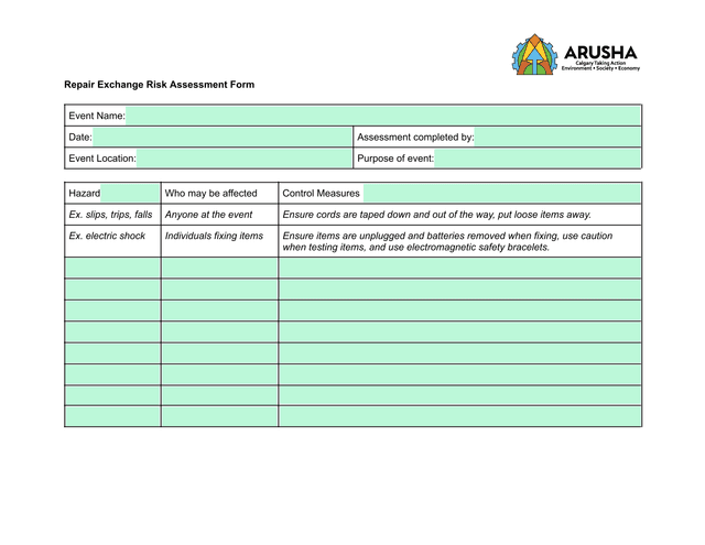 Repair Exchange Risk Assessment Form screenshot