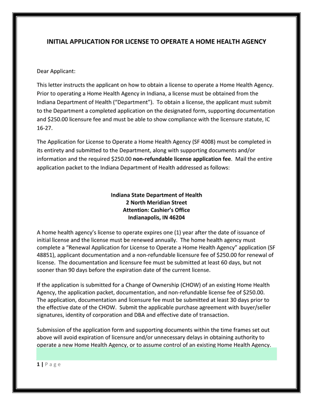 Initial Application For License To Operate A Home Health Agency screenshot