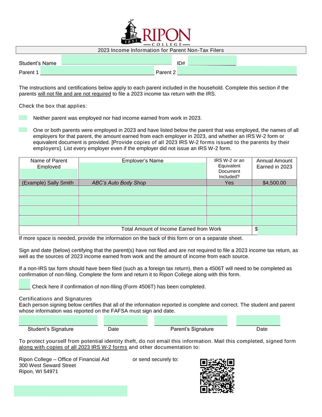 2023 Income Information For Parent Non Tax Filers screenshot