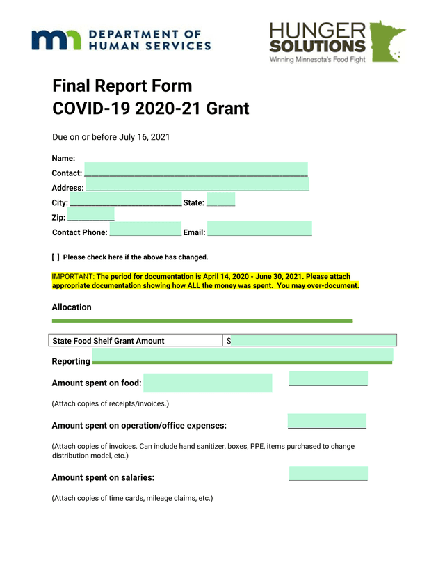 Final Report Form COVID 19 2020 21 Grant screenshot