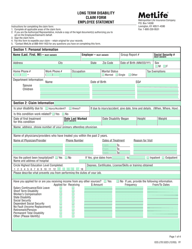 Long Term Disability Claim Form screenshot