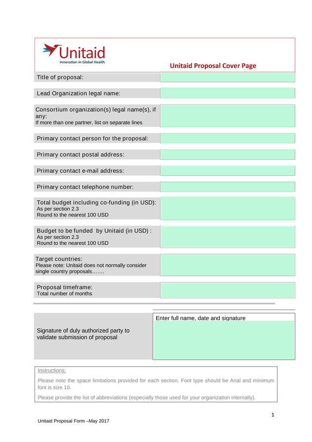 Unitaid Proposal Form screenshot