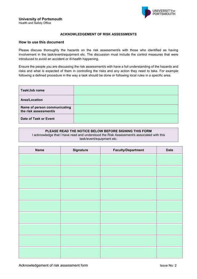 Acknowledgement Of Risk Assessment Form screenshot