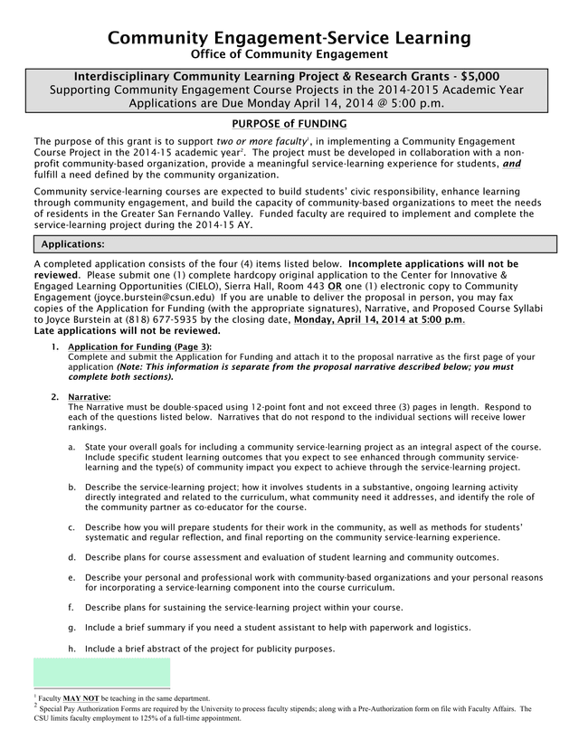 Community Engagement Service Learning Grant Application screenshot