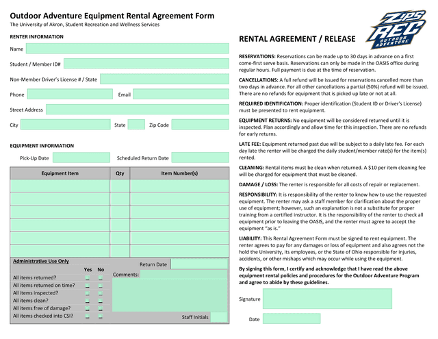 Outdoor Adventure Equipment Rental Agreement Form screenshot