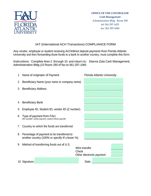 IAT (International ACH Transactions) Compliance Form screenshot