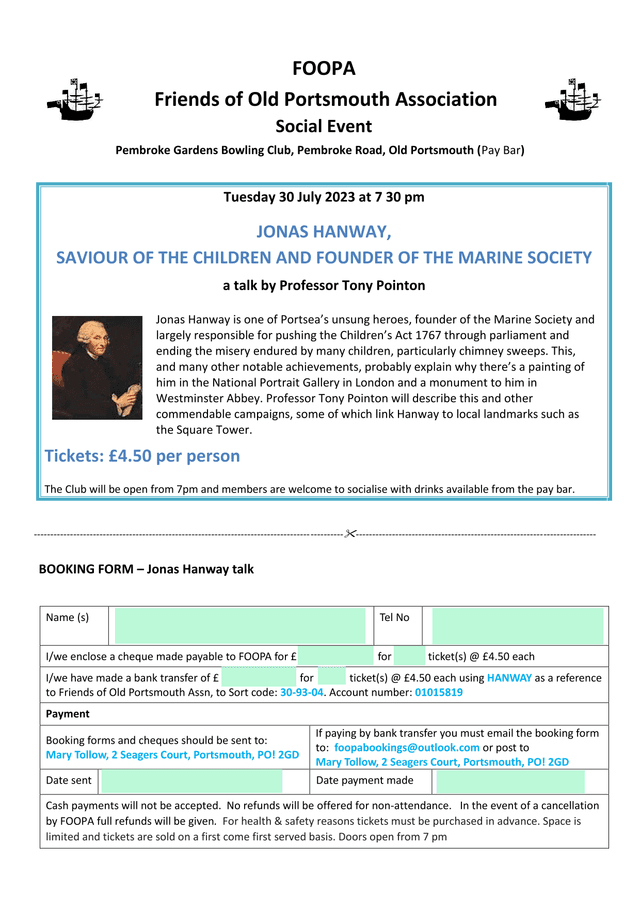 Jonas Hanway Talk Booking Form screenshot