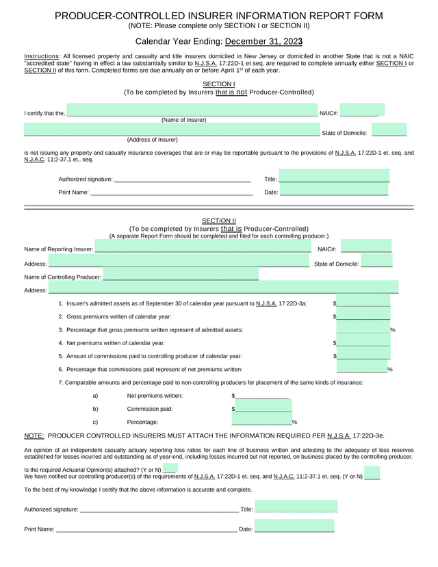 Producer Controlled Insurer Information Report Form screenshot