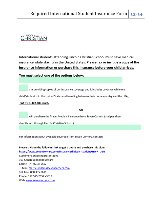 Required International Student Insurance Form screenshot