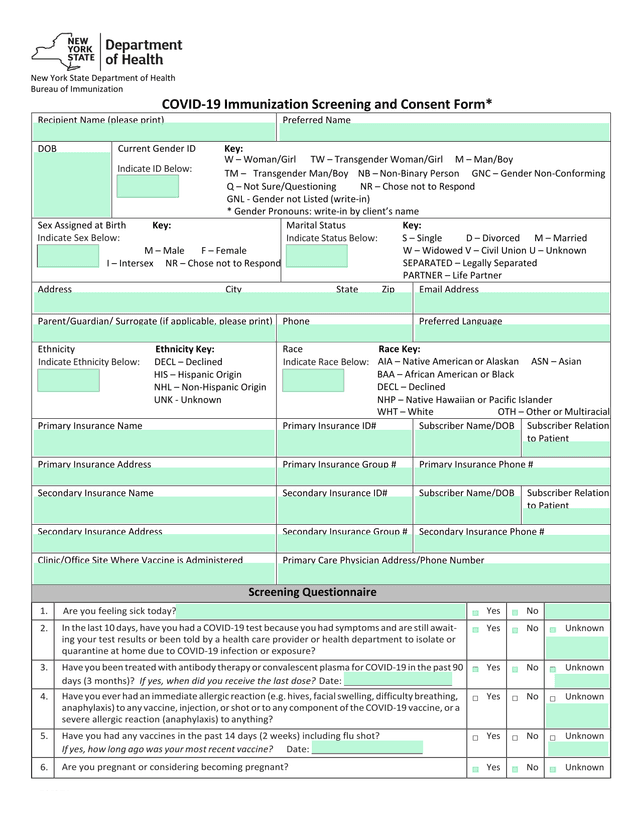 COVID 19 Immunization Screening And Consent Form screenshot