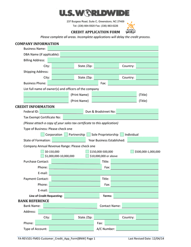 CREDIT APPLICATION FORM screenshot
