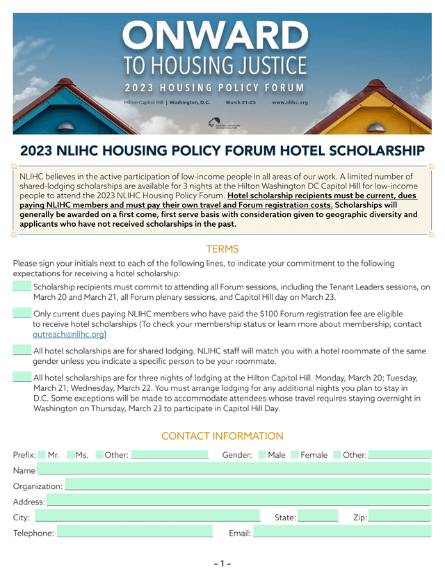 2023 NLIHC Housing Policy Forum Hotel Scholarship screenshot