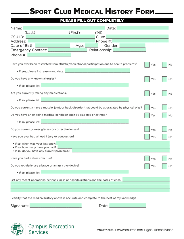 Sport Club Medical History Form screenshot