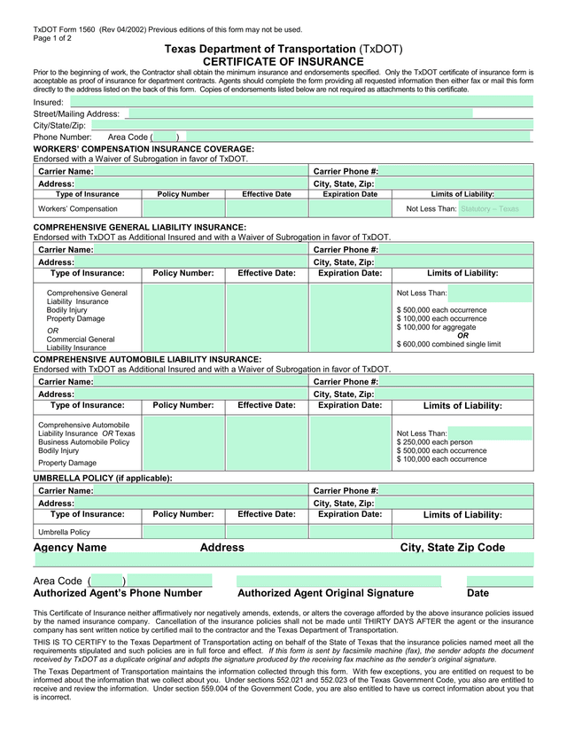 TxDOT Form 1560 Certificate Of Insurance screenshot