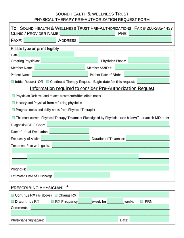 Sound Health  Wellness Trust Physical Therapy Pre Authorization Request Form screenshot
