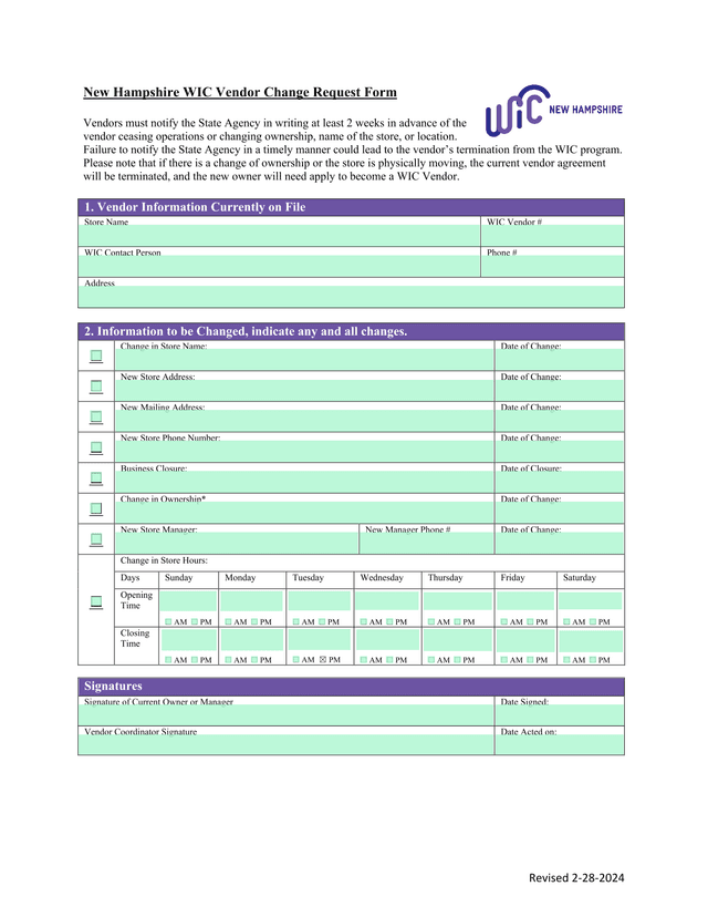 New Hampshire WIC Vendor Change Request Form screenshot
