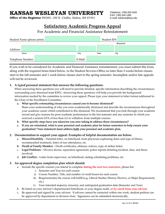 Satisfactory Academic Progress Appeal For Academic And Financial Assistance Reinstatement screenshot