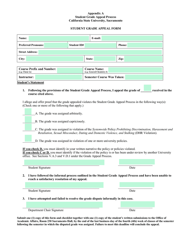 Student Grade Appeal Form screenshot