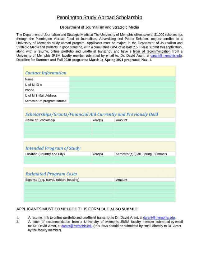 Pennington Study Abroad Scholarship screenshot