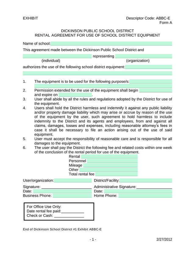 RENTAL AGREEMENT FOR USE OF SCHOOL DISTRICT EQUIPMENT screenshot
