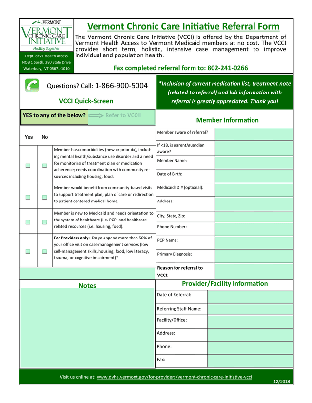 Vermont Chronic Care Initiative Referral Form screenshot