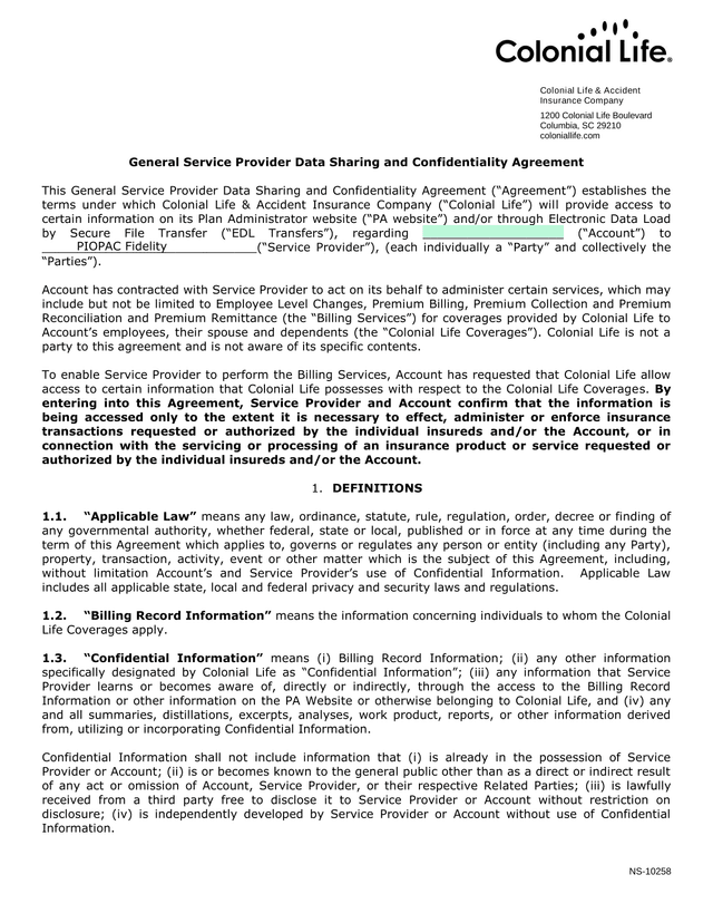 General Service Provider Data Sharing And Confidentiality Agreement screenshot