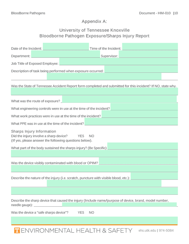 Bloodborne Pathogens ExposureSharps Injury Report screenshot